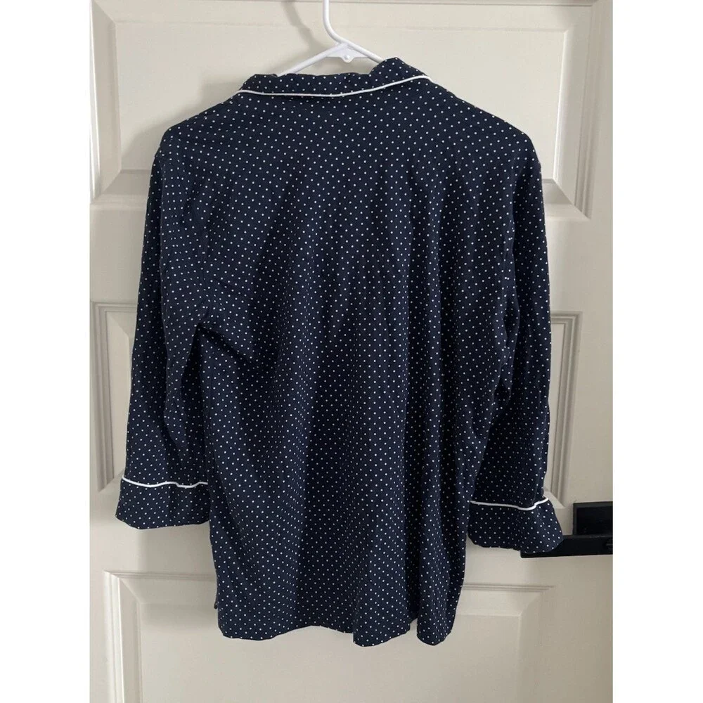 Lauren Ralph Lauren Navy Polka Dot Button Front Pajama Top Collared 3/4 Sleeve M